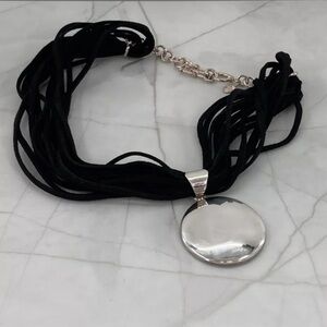 Silpada Village Black Suede Multi Strand Sterling Silver Disc Pendant Necklace